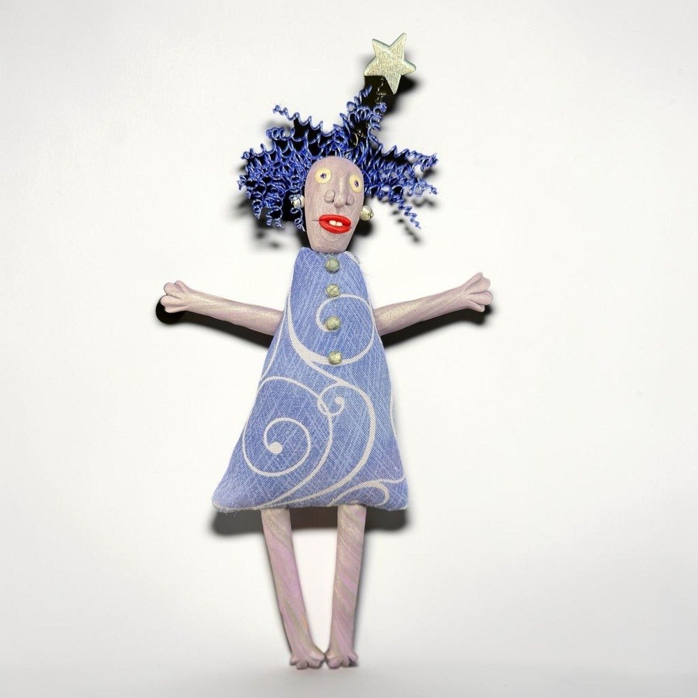D Banyas 2003 Signed Art Doll Whimsical Resin Cloth Figure Blue Hair Star 9"